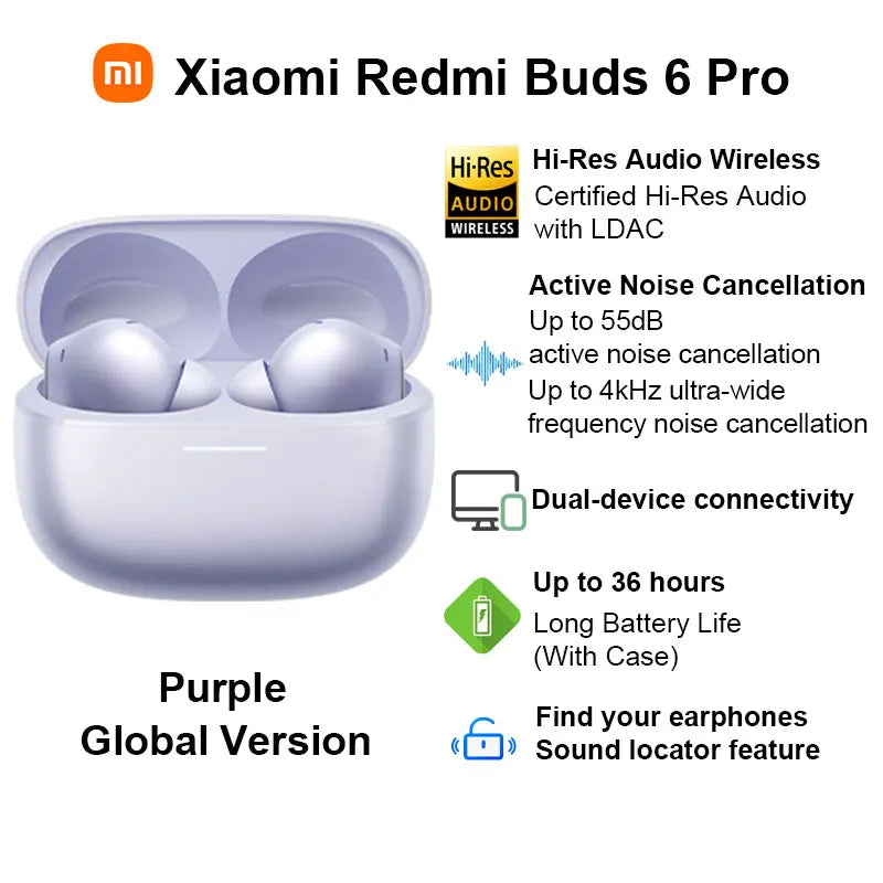 Xiaomi-Écouteurs Bluetooth sans fil Redmi Buds 6 Pro, audio haute résolution, AC satellite, suppression active du bruit 55dB, BT5.3, version globale