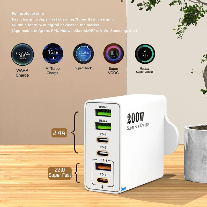Xiaomi 200W charge Super rapide 6 ports USB C chargeur PD3.0 USB C Type C chargeur de téléphone portable pour iPhone 16 Samsung Xiaomi ipad