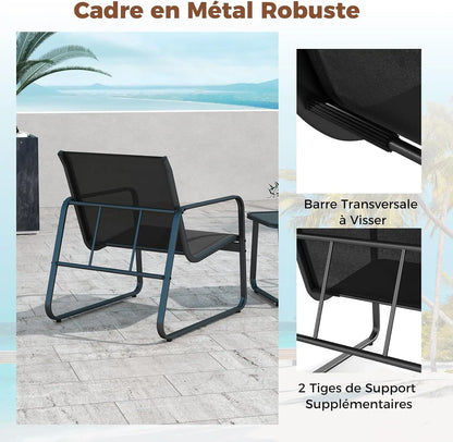 Ensemble de meubles de jardin pour 2 personnes, 3 tables basses avec 2 fauteuils de jardin, salon bistro avec structure en métal, pour jardin, balcon
