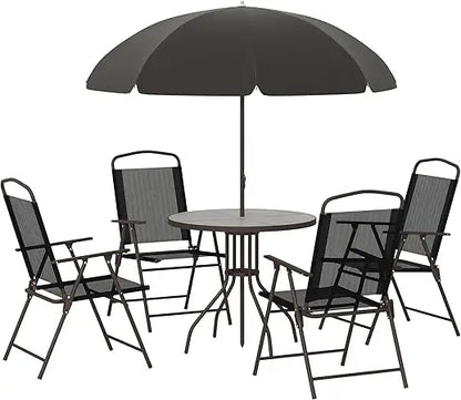 Ensemble de meubles de jardin 6 pièces, table ronde + 4 chaises pliantes + parasol, café en acier époxy textilène polyester beige