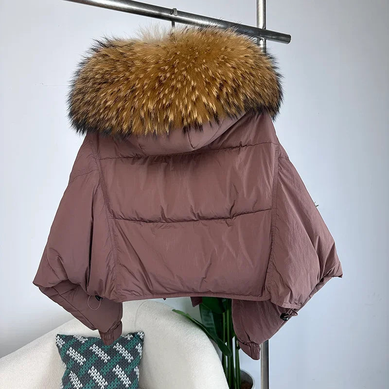 Nouvelle doudoune en duvet pour femmes - Veste d'hiver ample avec col en véritable fourrure de renard et raton laveur - À capuche, épaisse et chaude - Mode streetwear - Extérieur avec parties détachables