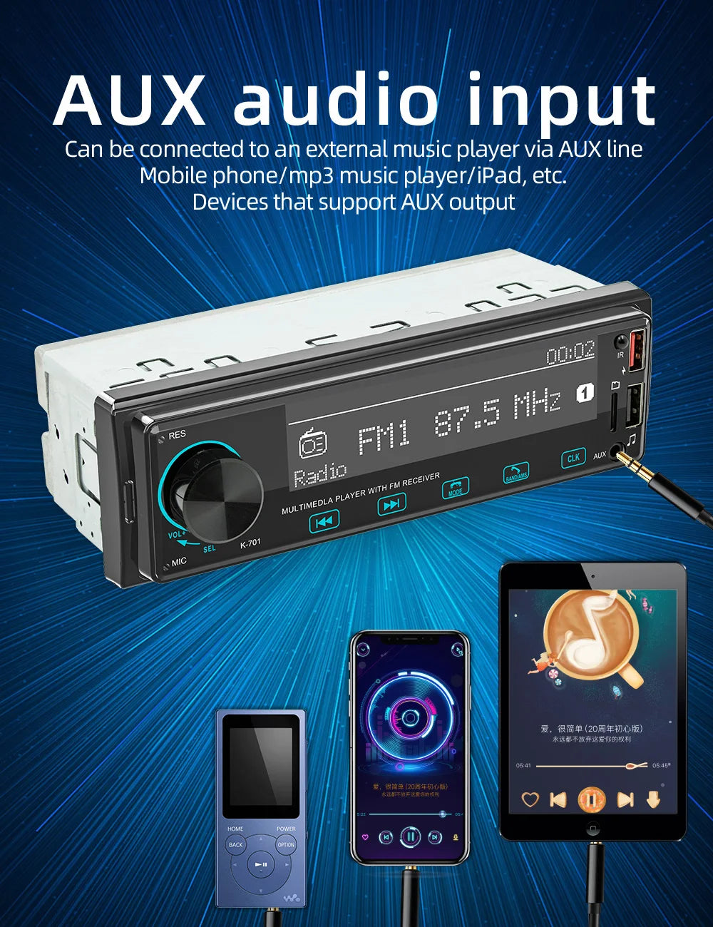 Autoradio BQCC 1DIN MP3 avec Radio DAB – Écran Tactile 2,5", Audio Puissant et Multi-Formats