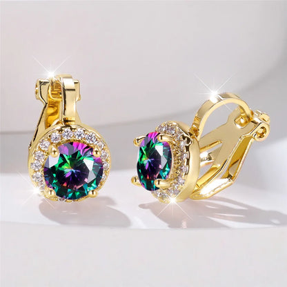 Boucles d'oreilles rondes en pierre de Zircon arc-en-ciel pour femmes, petites boucles d'oreilles à Clip, breloque couleur or jaune, bijoux de mariage pour femmes