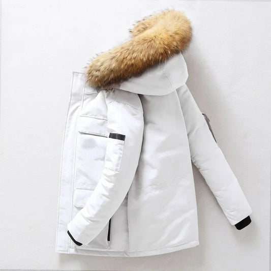 Doudoune de Luxe Homme – Longue, Chaude et Légère, Col en Fourrure Amovible, Hiver