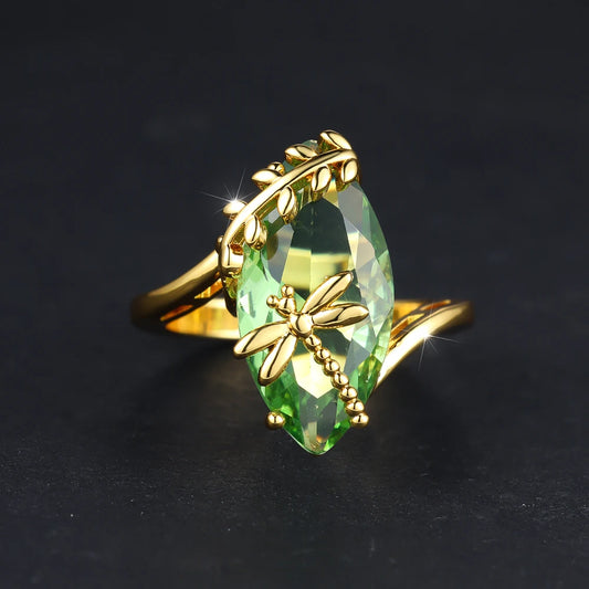 Bagues libellule en pierre vert Olive pour femmes, coupe Marquise, grand œil de cheval, couleur or, Zircon, bandes de mariage, bague de Cocktail, bijoux CZ