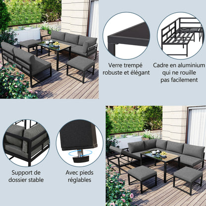 Ensemble canapé et chaise longue d'extérieur, ensemble de sièges en aluminium pour balcon de jardin avec fonction chaise longue