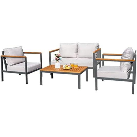 Ensemble de Conversation de salon de Patio, meubles 4 pièces, accoudoir et plateau de Table en bois massif, coussin imperméable épais Anti-chute, Beige