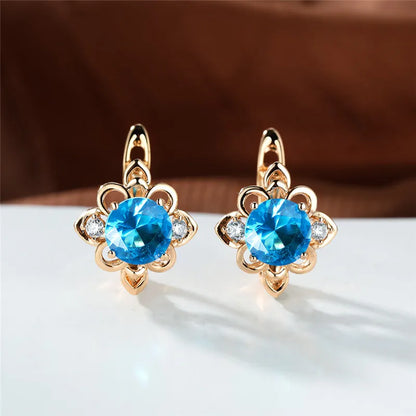Boucles d'oreilles clip Boho Blue Stone Flower pour femme, document doré, petit cadeau de bijoux de mariage rond