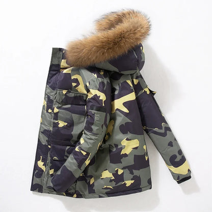 Doudoune de Luxe Homme – Longue, Chaude et Légère, Col en Fourrure Amovible, Hiver