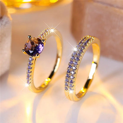 Ensemble de bagues de fiançailles rondes en pierre de Zircon vert cristal pour femmes, bijoux de mariage de luxe couleur or jaune pour femmes