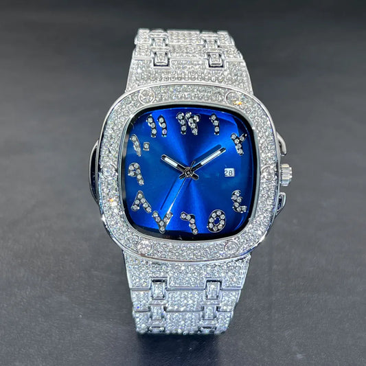 Montre en diamant originale pour hommes de luxe Hip Hop cadran bleu montres Unique Bling Ice Out lumineux étanche relogios masculino cadeau