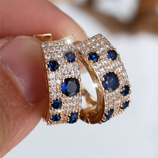 Boucles d'oreilles rondes en pierre de Zircon blanc et bleu pour femmes, bijoux de mariage couleur or à la mode