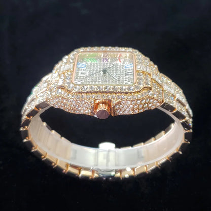 Montre en diamant de luxe pour hommes, montres numérotées colorées carrées glacées, bijoux Hip Hop Bling, Reloj zones bre pour la fête, nouvelle mode, 2025