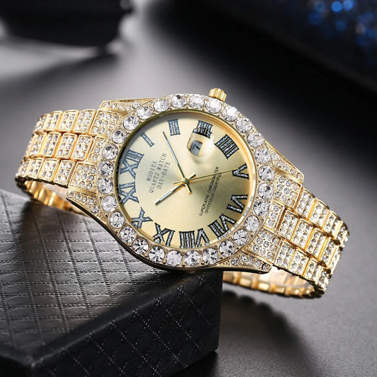 Hip Hop glacé hommes montre pleine AAA strass autour de luxe montres à Quartz horloge ronde unisexe montre-bracelet cadeau pour petit ami