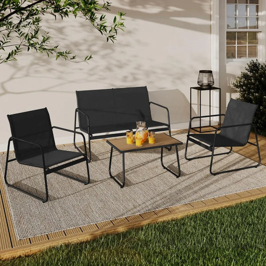 Salon de jardin 4 places avec canapé, fauteuils et table noir et bois