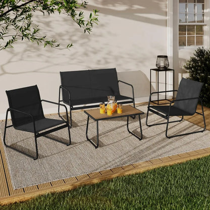 Salon de jardin 4 places avec canapé, fauteuils et table noir et bois