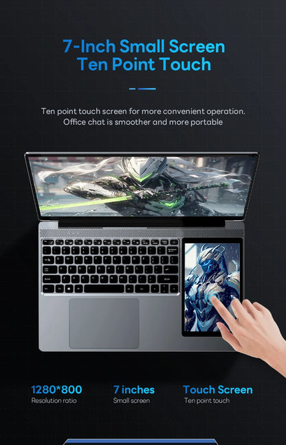 15.6 Inch IPS Dual Screen Gaming Laptop 7 Inch Touch Screen Intel N100 DDR4 16GB RAM 256GB 512GB 1TB SSD Office Portable Laptops