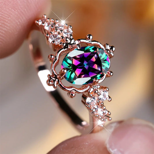Bagues de fleurs ovales en cristal arc-en-ciel mystique pour femmes, bague de mariage, document en or rose, bande de fiançailles pour patients, cadeau de bijoux