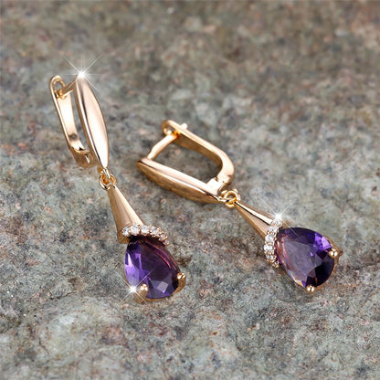 Boucles d'oreilles élégantes en pierre de Zircon violet pour femmes, goutte d'eau, couleur or, mignonnes, style Boho, bijoux de mariage pour femmes