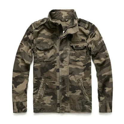 Veste militaire homme en denim – Col roulé, poches pratiques, printemps/automne