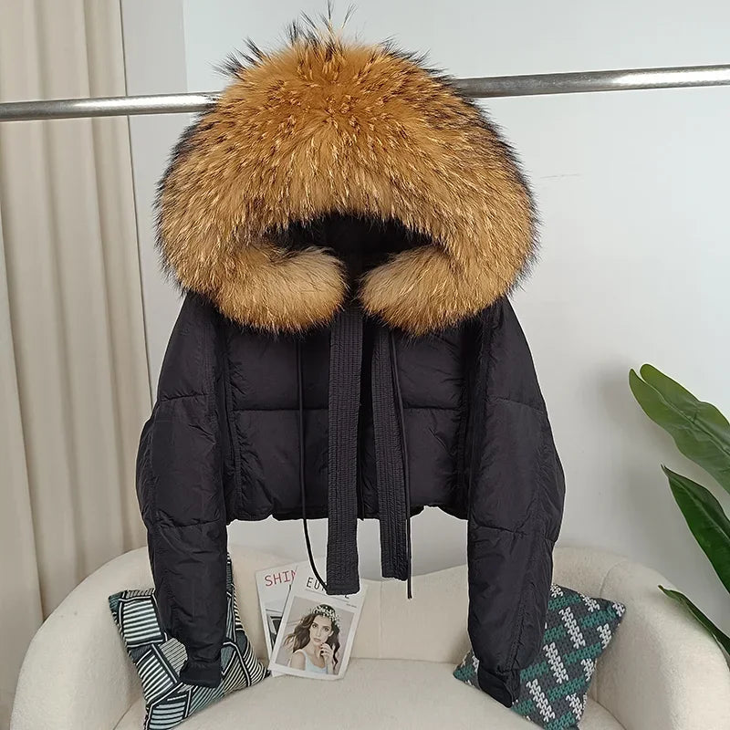 Nouvelle doudoune en duvet pour femmes - Veste d'hiver ample avec col en véritable fourrure de renard et raton laveur - À capuche, épaisse et chaude - Mode streetwear - Extérieur avec parties détachables