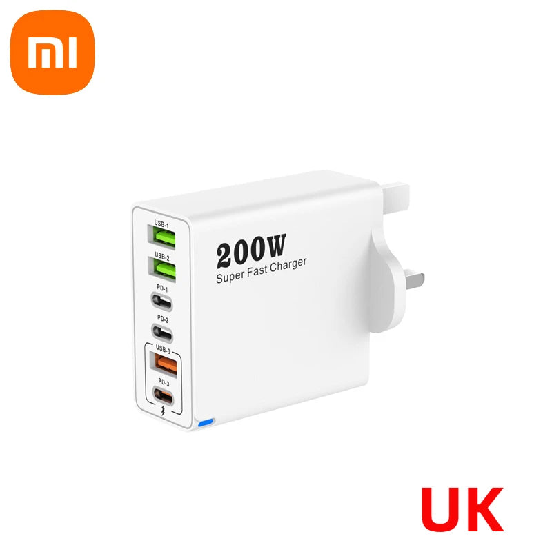 Xiaomi 200W charge Super rapide 6 ports USB C chargeur PD3.0 USB C Type C chargeur de téléphone portable pour iPhone 16 Samsung Xiaomi ipad