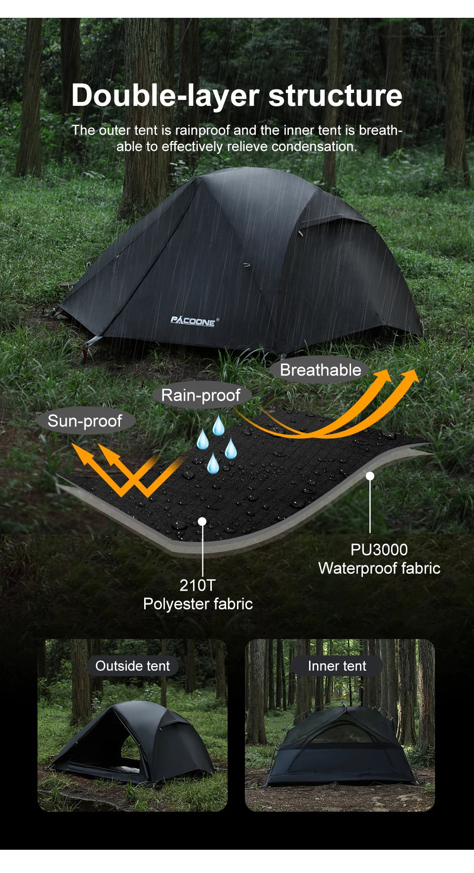 ⛺ Tente de Camping Portable PACOONE – Ultralégère et Étanche