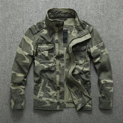 Veste militaire homme en denim – Col roulé, poches pratiques, printemps/automne