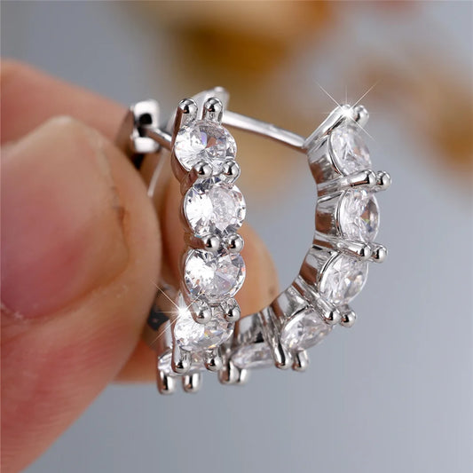 Boucles d'oreilles créoles rondes en cristal blanc pour femmes, bijoux de mariage, document argenté, mode féminine