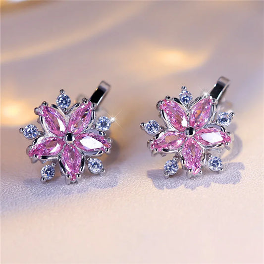 Boucles d'oreilles de luxe en pierre de Zircon rose pour femmes, petites boucles d'oreilles à Clip, couleur argent, bijoux de mariage pour femmes