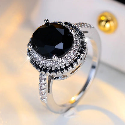 Bagues ovales de luxe en pierre de Zircon noir pour femmes, Vintage, couleur argent, bracelet de mariage, bijoux de mariée, cadeau de fiançailles