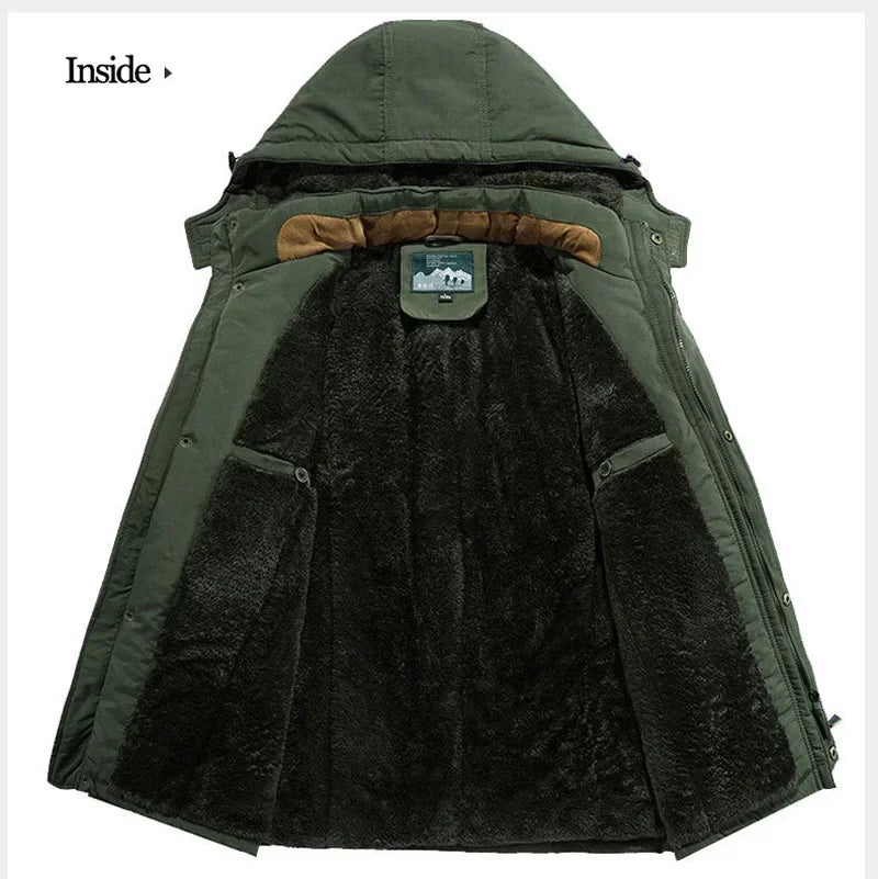 Veste longue polaire homme épaisse et chaude, style décontracté avec capuche amovible. Parfaite pour l’hiver ❄️. -10% pour les abonnés ParisPetitPrix.com !