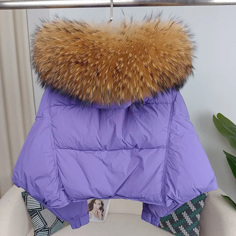 Nouvelle doudoune en duvet pour femmes - Veste d'hiver ample avec col en véritable fourrure de renard et raton laveur - À capuche, épaisse et chaude - Mode streetwear - Extérieur avec parties détachables