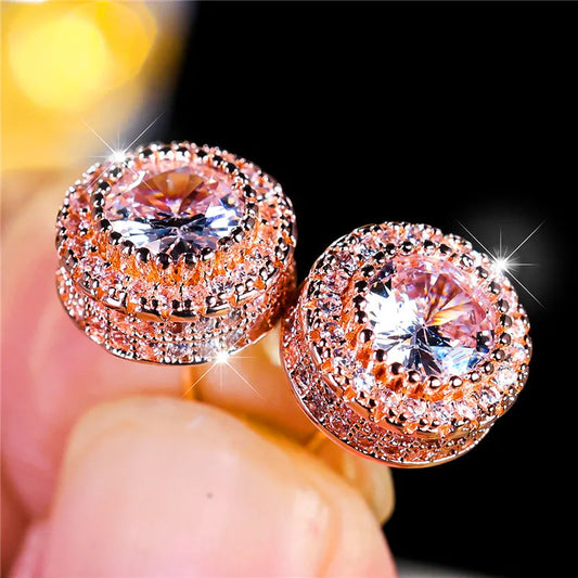 Boucles d'oreilles rondes en cristal blanc pour femmes, bijoux de luxe en Zircon, Vintage, couleur or Rose, à la mode, pour mariage
