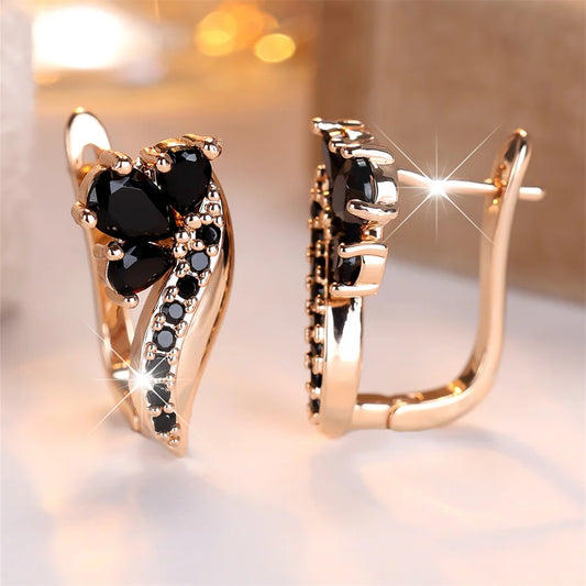 Boucles d'oreilles antiques en cristal noir pour femmes, goutte d'eau, pierre, Vintage, couleur or, petite fleur, boucle d'oreille, bijoux cadeaux de mariage