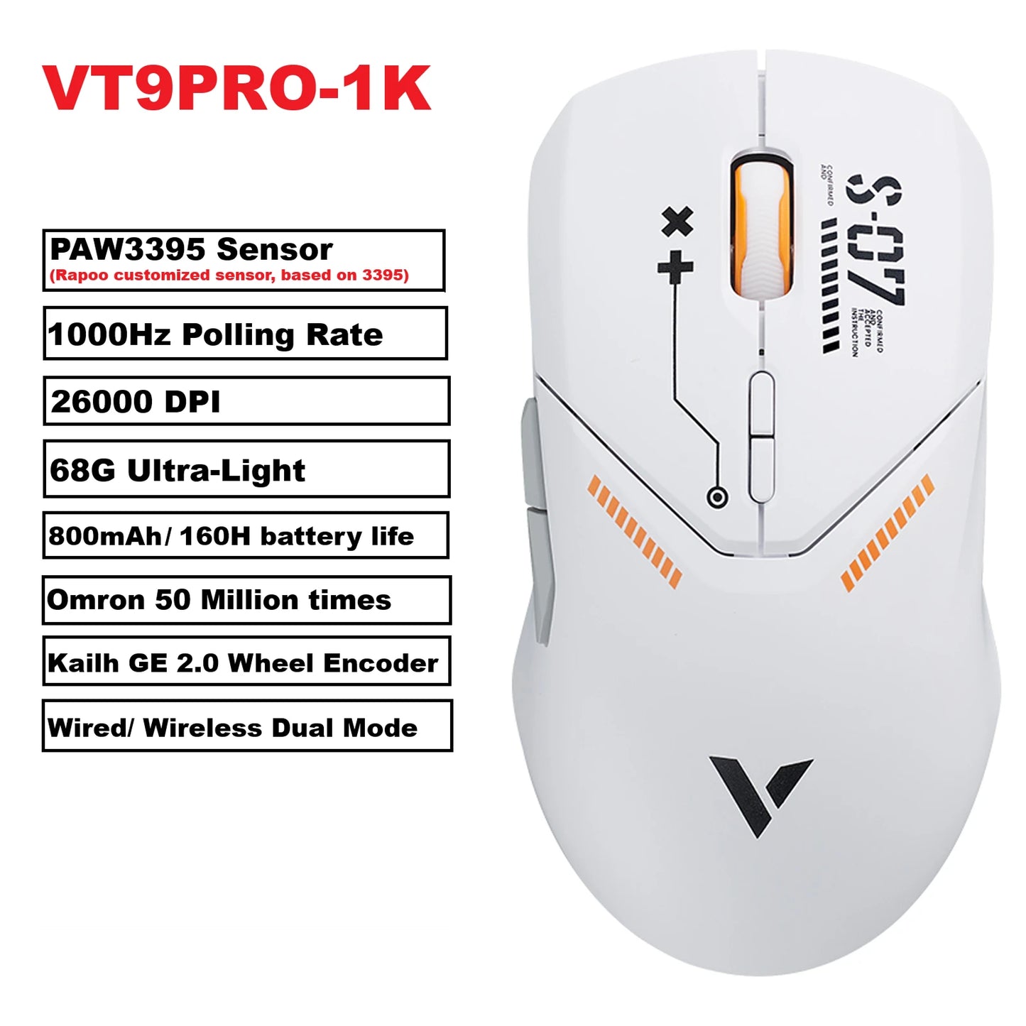 Rapoo VT9PRO – Souris de jeu sans fil légère 68g, 26000 DPI, autonomie 160H