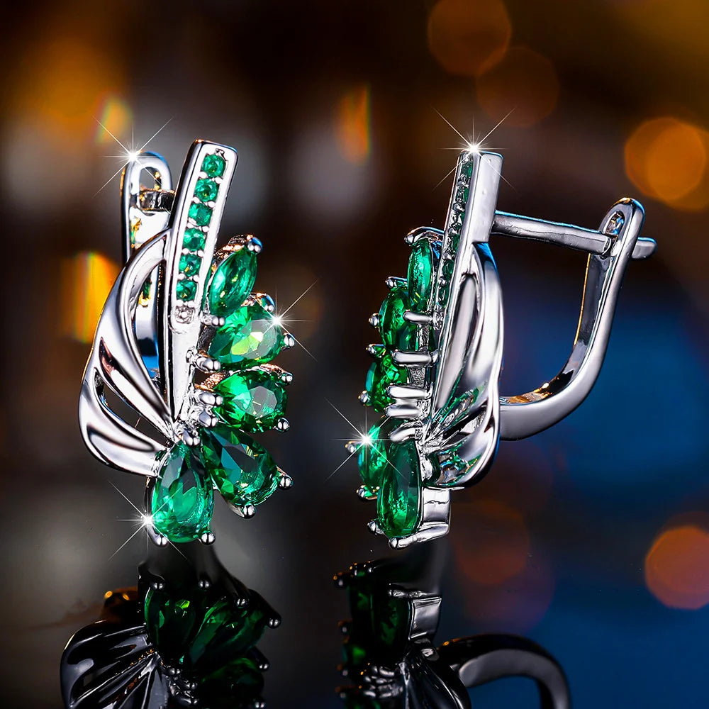 Boucles d'oreilles clip en pierre pour femme, bijoux de mariage, breloque, document doré, couleur verte, luxe