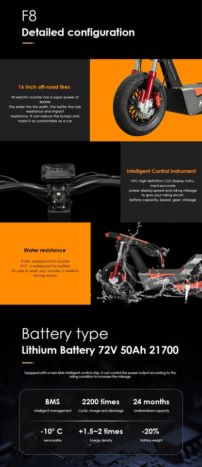 HEZZO F8 Scooter électrique 16 pouces pliable 72v 8000W 62.5MPH 50Ah longue portée hors route Escooter moto avec siège entrepôt américain