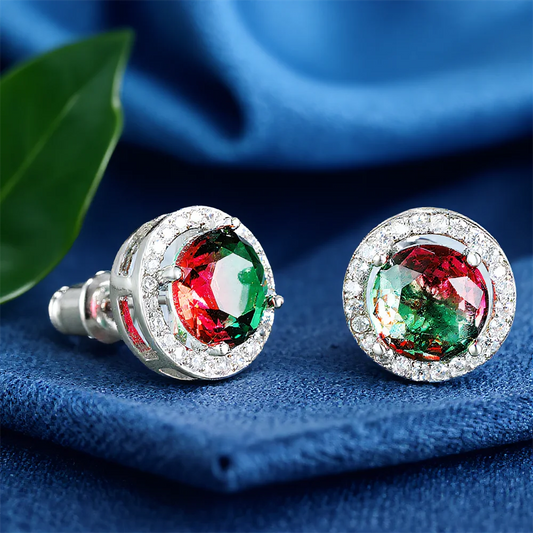 Boucles d'oreilles de luxe en cristal rouge vert Zircon pour femmes, pierre ronde, Vintage, couleur argent, mariage, pierre de naissance, bijoux cadeau