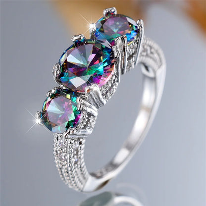 Bague de fiançailles ronde arc-en-ciel pour femme, bijoux sur pierre, vintage, document en argent, bande de mariage, patients