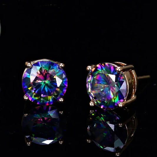 Boucles d'oreilles rondes en cristal rouge vert pour femmes et hommes, bijoux de mariage, arc-en-ciel mystique, feu, bleu, vert, Zircon, Double boucles d'oreilles
