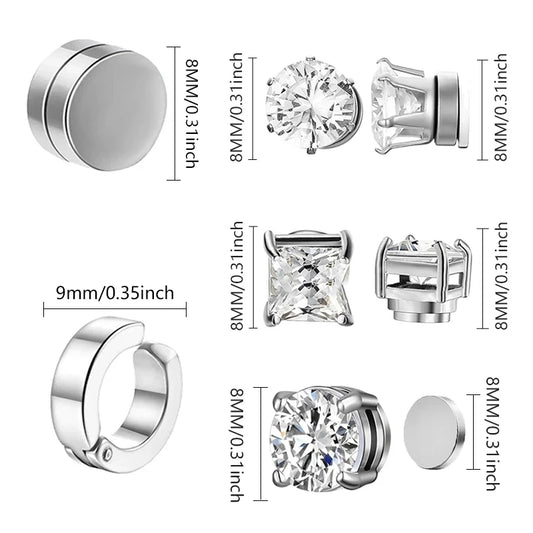 Boucles d'oreilles à tige magnétique en acier inoxydable pour hommes et femmes, ensemble de boucles d'oreilles à clip non ichi, aimant CZ blanc unisexe, cadeau de bijoux, 1 paire
