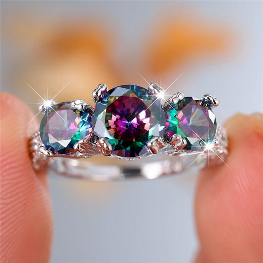 Bague de fiançailles ronde arc-en-ciel pour femme, bijoux sur pierre, vintage, document en argent, bande de mariage, patients