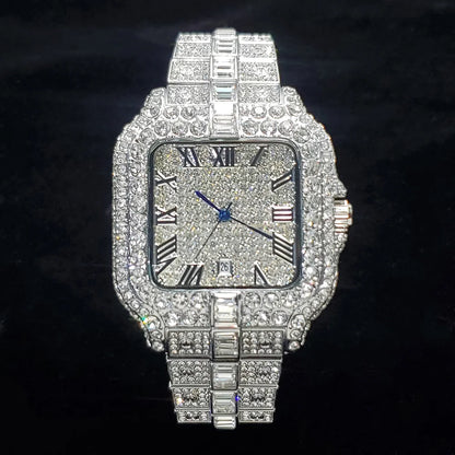 Montre de luxe en diamant pour hommes, Style Hip Hop, scintillante, glacée, mode carrée, en acier inoxydable, étanche, horloge 2024