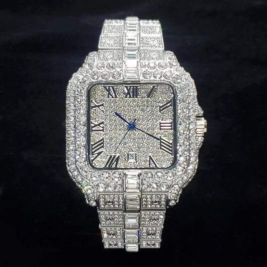 Montre de luxe en diamant pour hommes, Style Hip Hop, scintillante, glacée, mode carrée, en acier inoxydable, étanche, horloge 2024