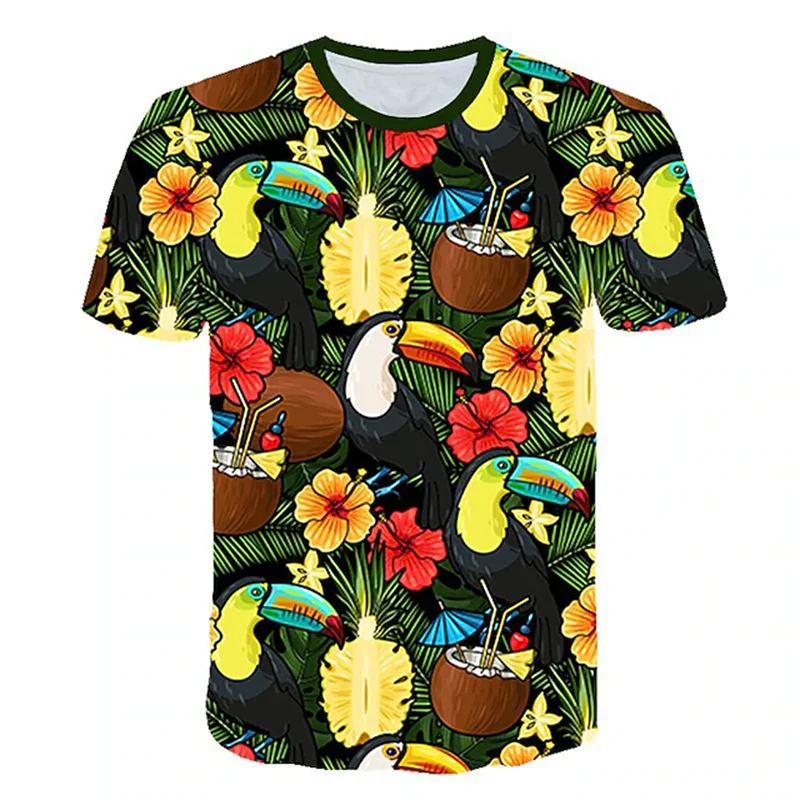T-shirt manches courtes col ras du cou pour homme, vêtement hawaïen, imprimé Floral en 3D, plantes tropicales, feuilles d'oiseaux papillon, été