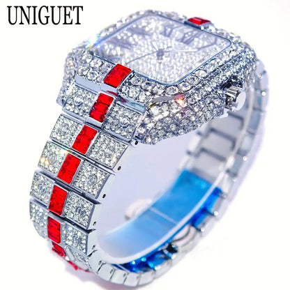 Montres de luxe en diamant rouge pour hommes, marque ummy GUET, Hip Hop, glacé, bling, bijoux, montre-bracelet, mode, étanche, horloges à quartz carrées