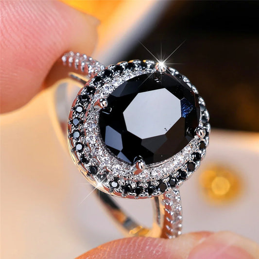Bagues ovales de luxe en pierre de Zircon noir pour femmes, Vintage, couleur argent, bracelet de mariage, bijoux de mariée, cadeau de fiançailles