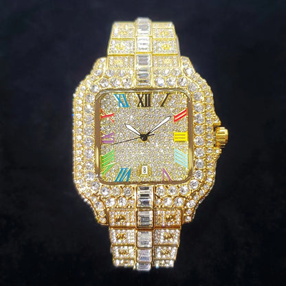 Montre en diamant de luxe pour hommes, montres numérotées colorées carrées glacées, bijoux Hip Hop Bling, Reloj zones bre pour la fête, nouvelle mode, 2025