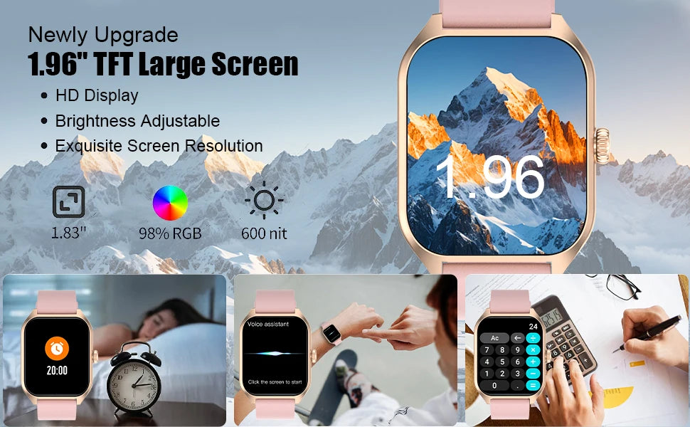 Montre connectée avec assistant vocal AI pour hommes et femmes, écran HD 1.96, suivi des activités avec plus de 100 sports, moniteur de sommeil et de fréquence cardiaque